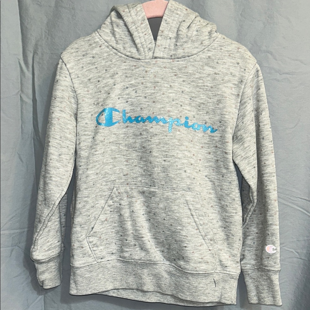 Champion Heather Gray Hoodie with Sky Blue Logo